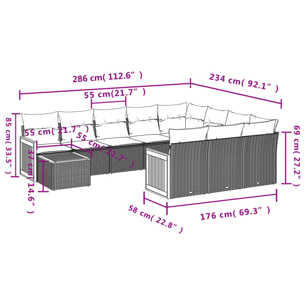 11 Pcs conjunto sofás de jardim c/ almofadões vime PE preto