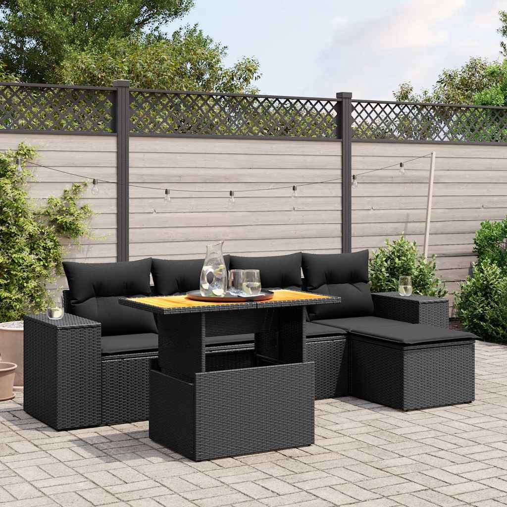 6 Pcs conjunto sofás de jardim c/ almofadões vime PE preto