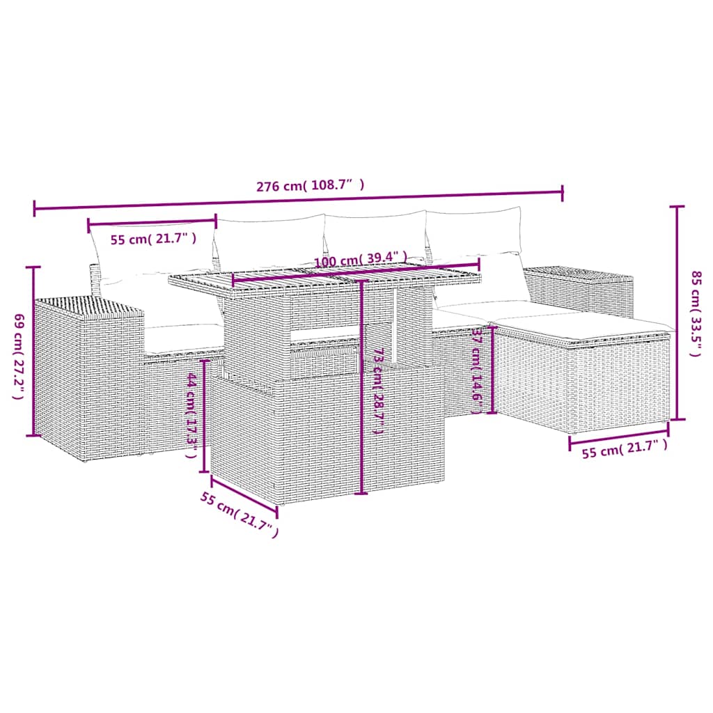 6 Pcs conjunto sofás de jardim c/ almofadões vime PE preto