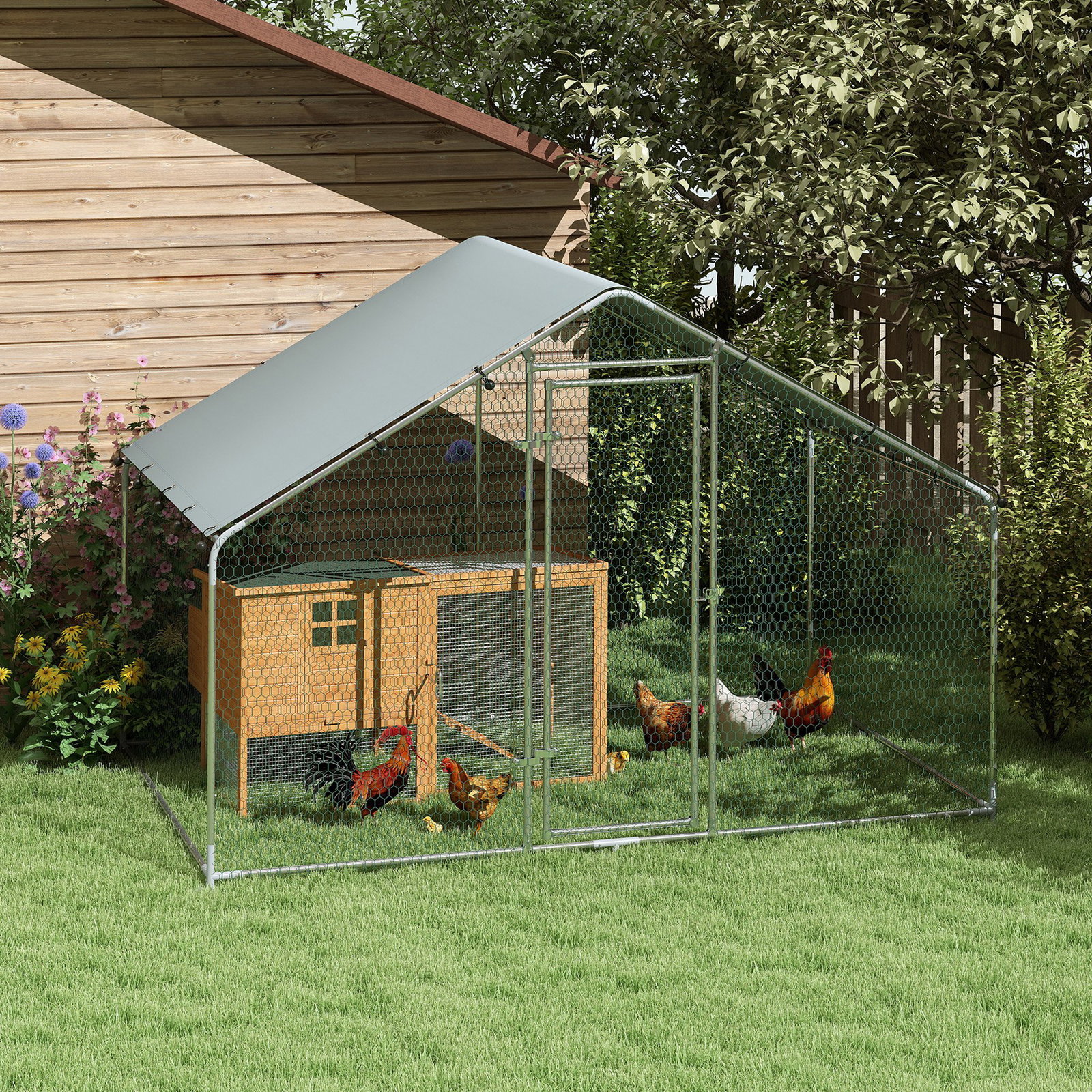 Galinheiro para exterior 3x1,7x1,9 cm galinheiro de aço galvanizado com cobertura anti UV para 5-8 galinhas prata