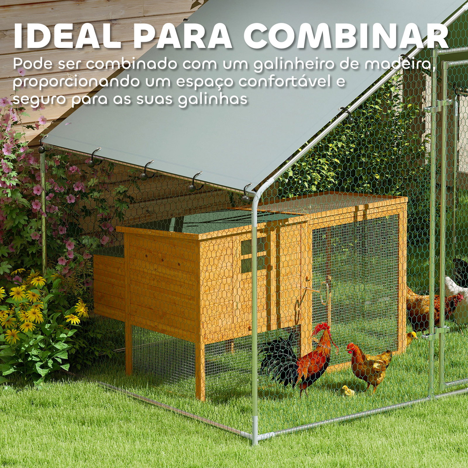 Galinheiro para exterior 3x1,7x1,9 cm galinheiro de aço galvanizado com cobertura anti UV para 5-8 galinhas prata