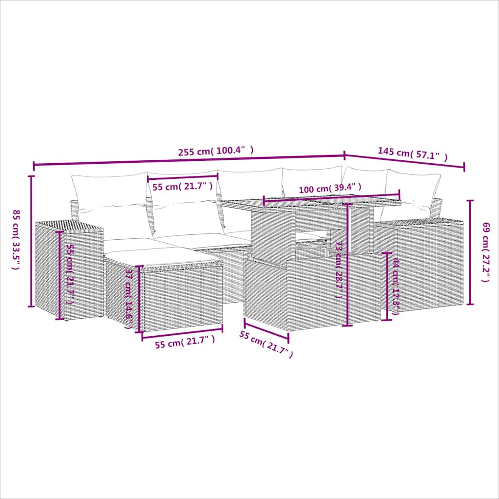 7 Pcs conjunto de sofás p/ jardim c/ almofadões vime PE preto