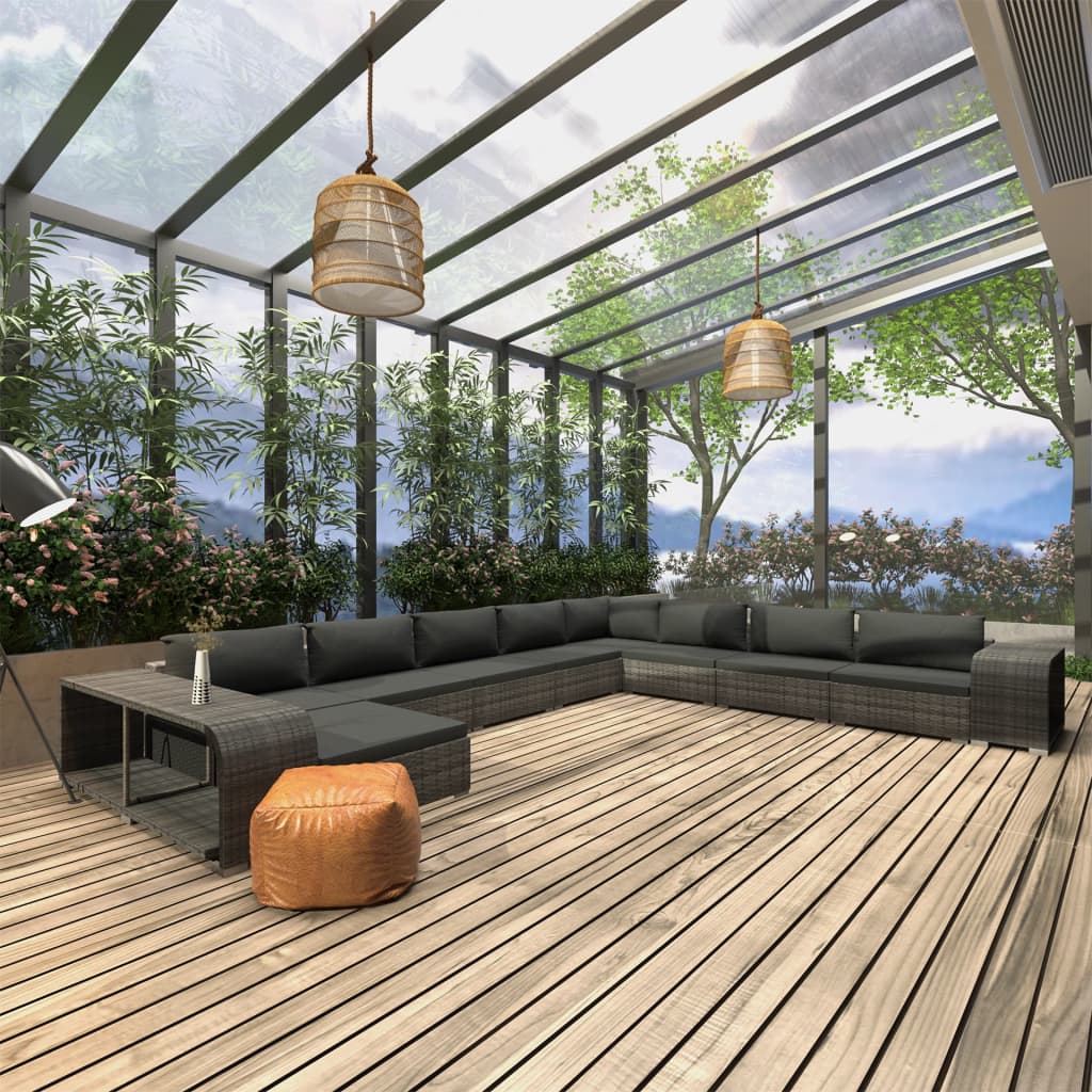 11 Pcs conjunto lounge de jardim c/ almofadões vime PE cinzento