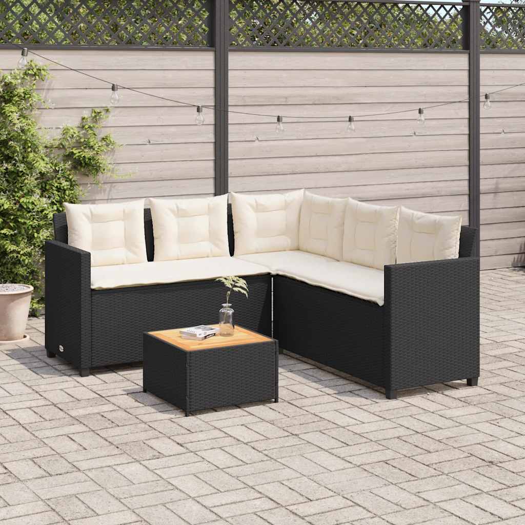 Sofá de jardim em forma de l c/ mesa e almofadões vime PE preto