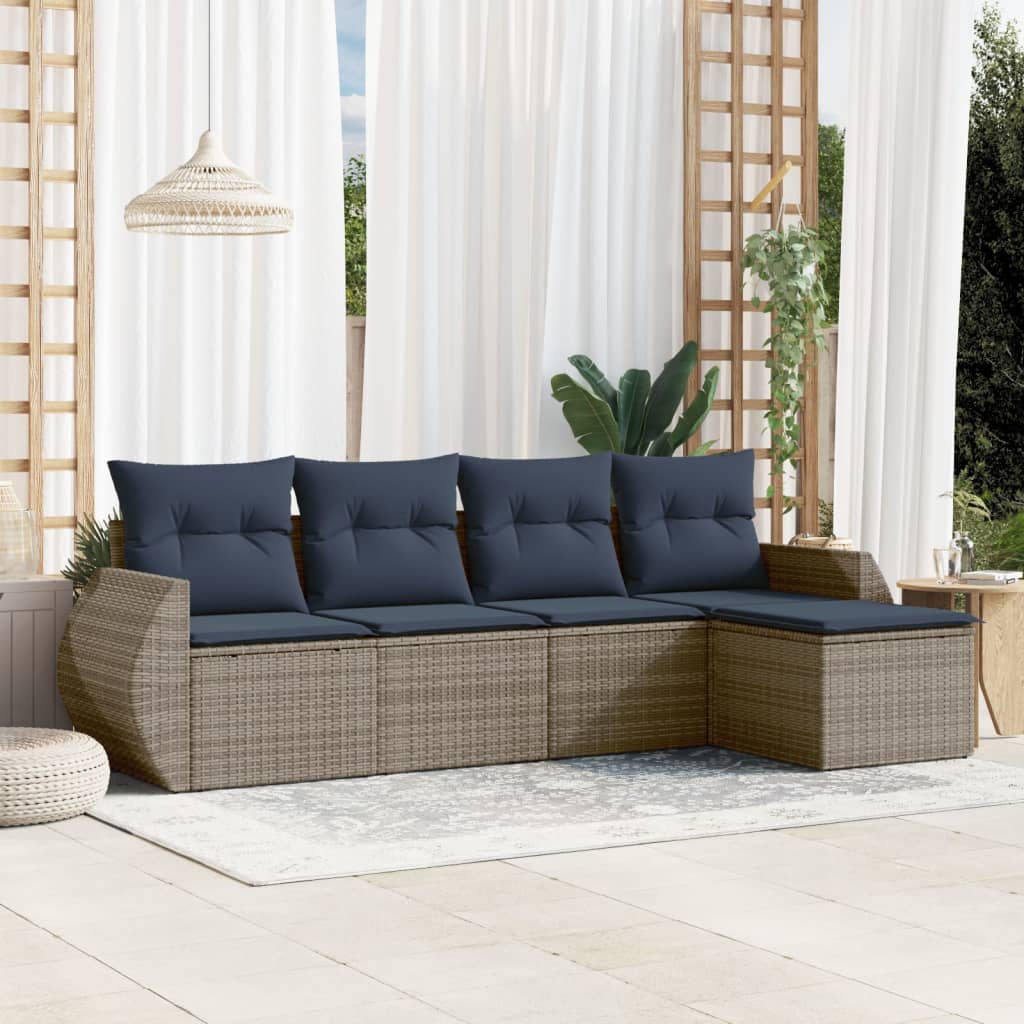 Conjunto de sofá de jardim de 5 peças com almofadas em rattan sintético cinza