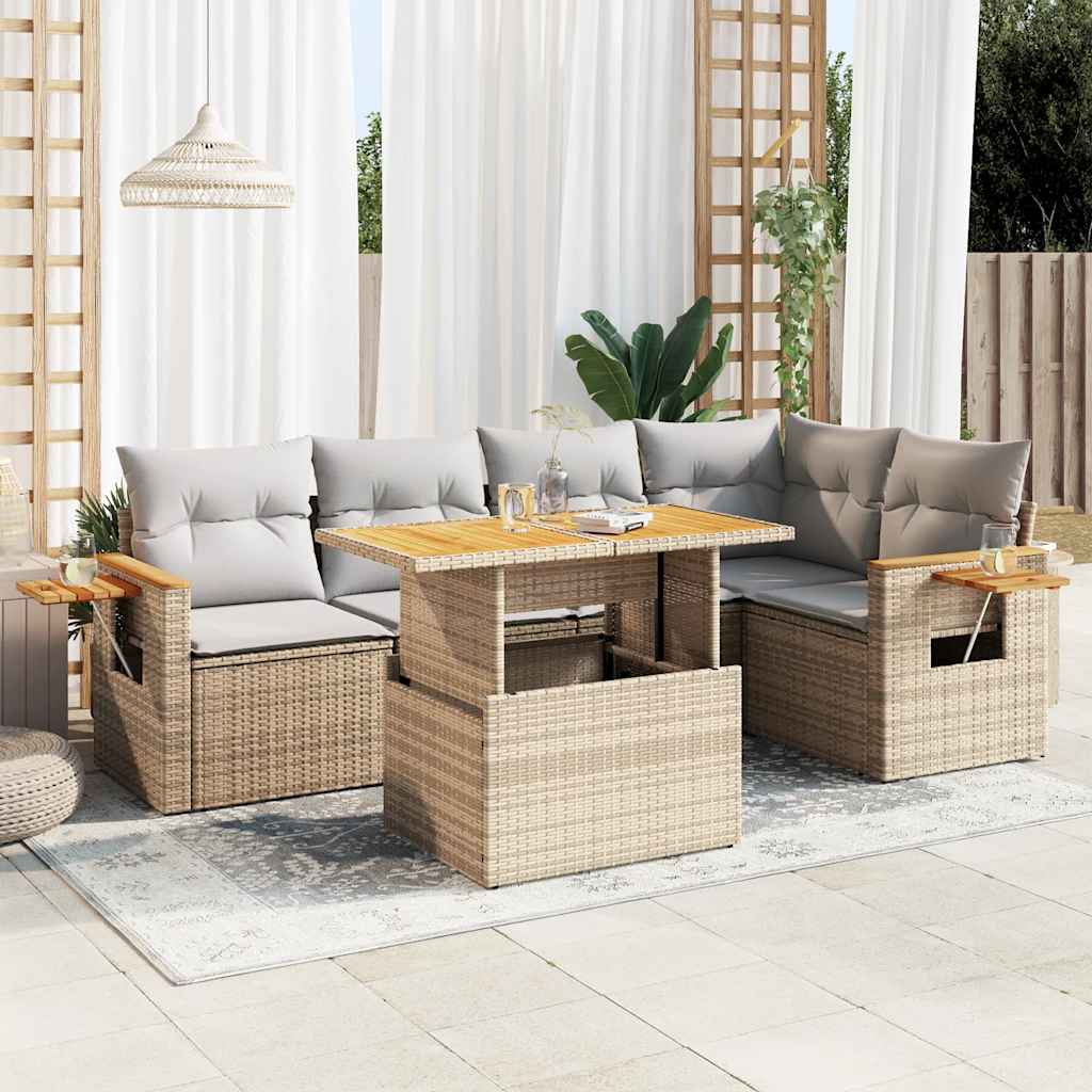 6 Pcs conjunto sofás jardim com almofadões vime PE/acácia bege