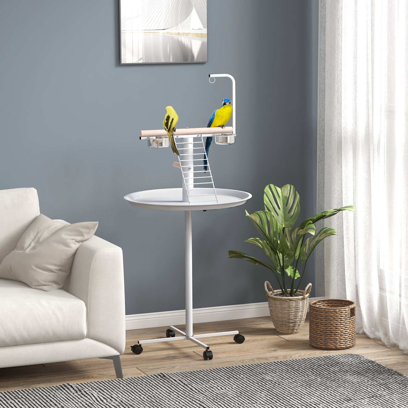 Comedouro para pássaros em pé ø60x138 cm com 4 rodas 2 recipientes de aço inoxidável e 2 poleiros branco
