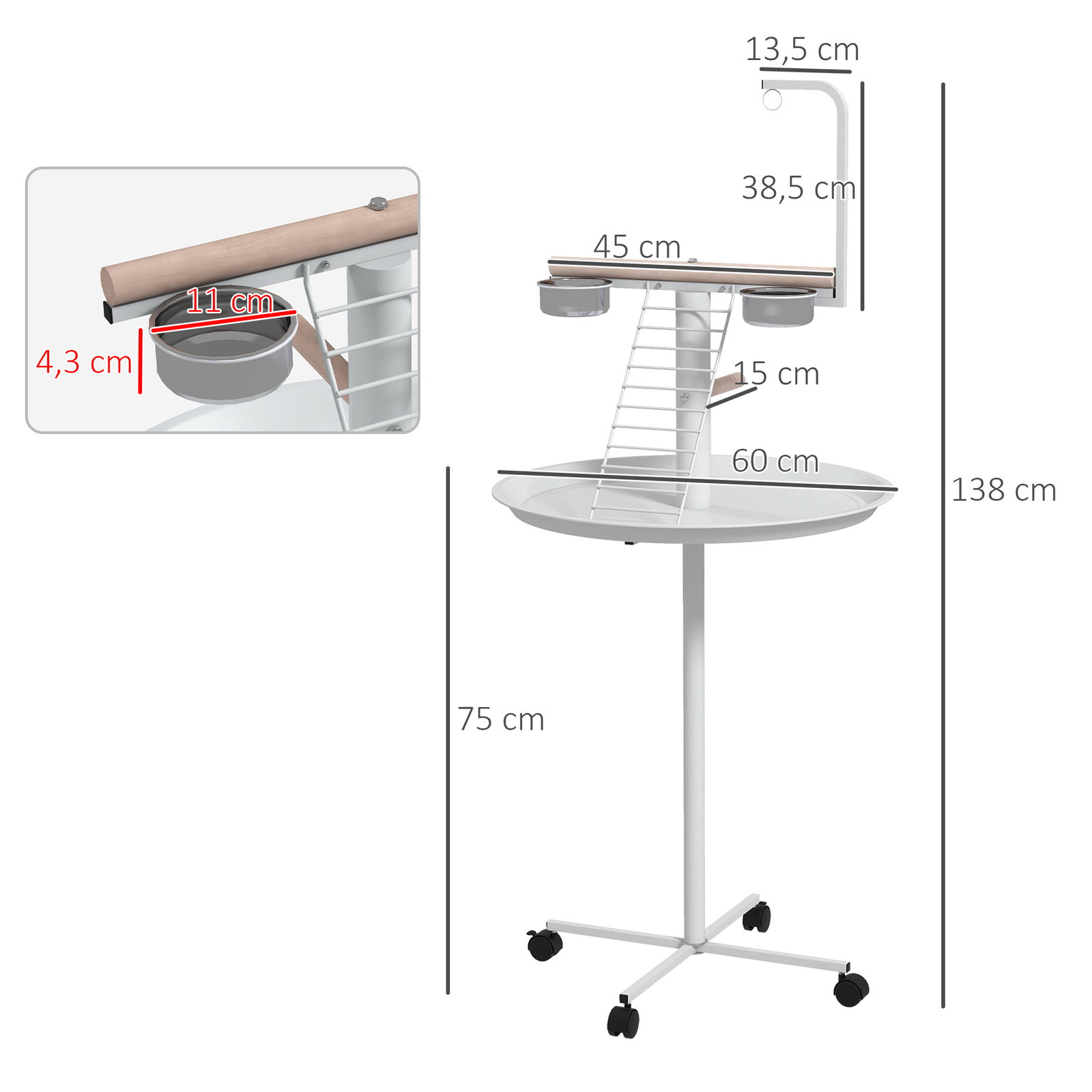 Comedouro para pássaros em pé ø60x138 cm com 4 rodas 2 recipientes de aço inoxidável e 2 poleiros branco