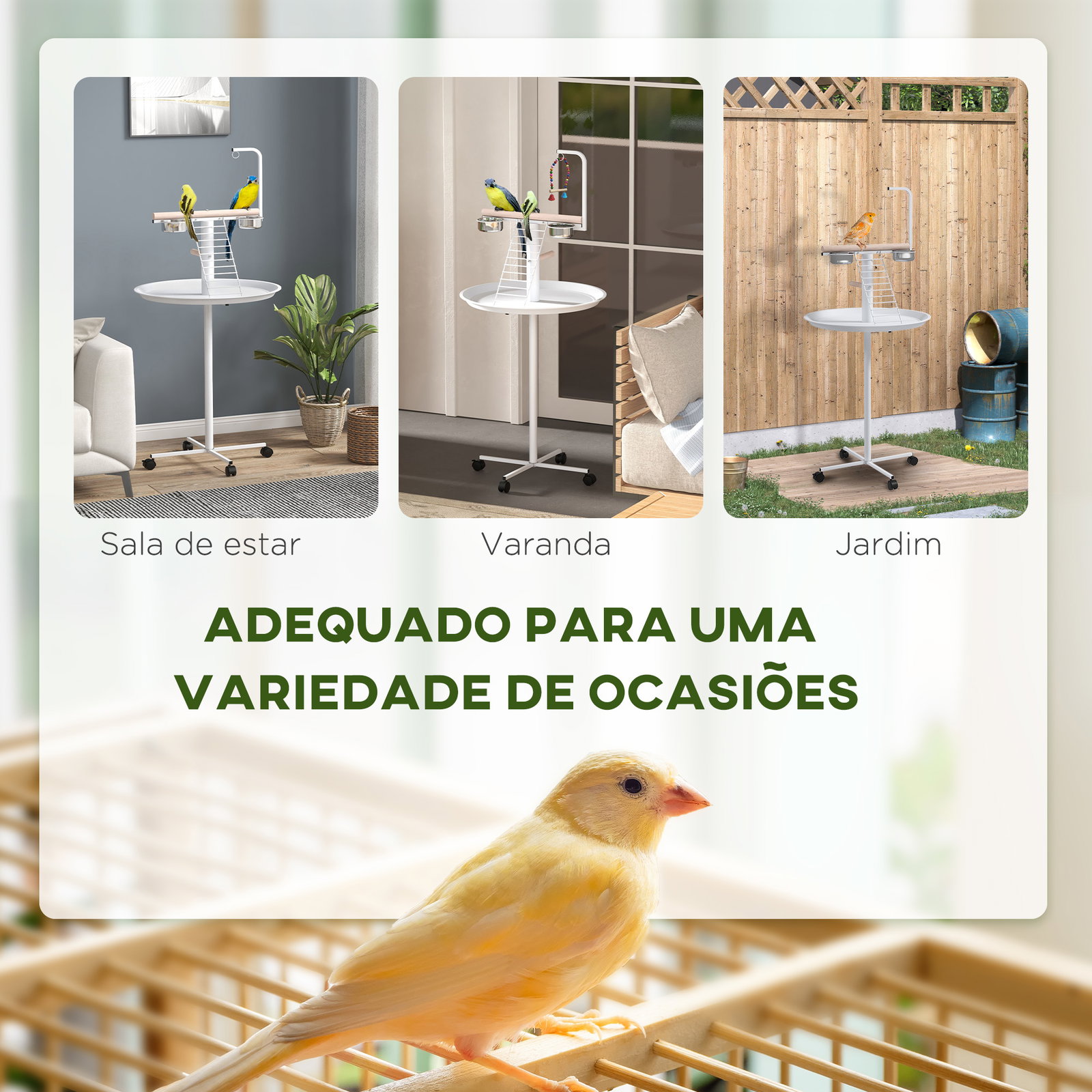 Comedouro para pássaros em pé ø60x138 cm com 4 rodas 2 recipientes de aço inoxidável e 2 poleiros branco