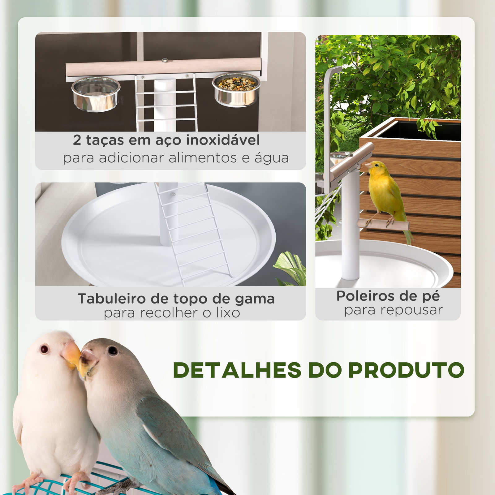 Comedouro para pássaros em pé ø60x138 cm com 4 rodas 2 recipientes de aço inoxidável e 2 poleiros branco