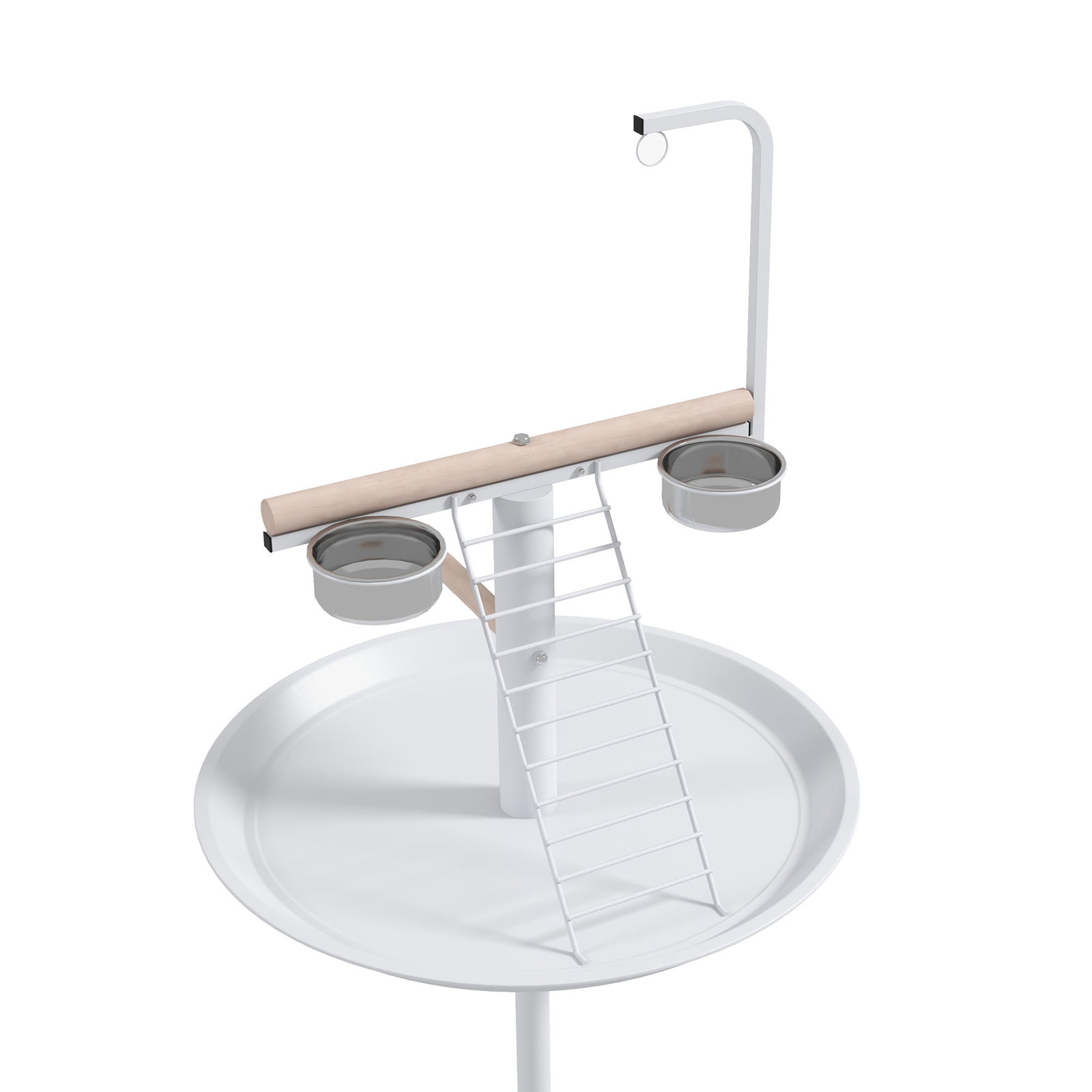 Comedouro para pássaros em pé ø60x138 cm com 4 rodas 2 recipientes de aço inoxidável e 2 poleiros branco