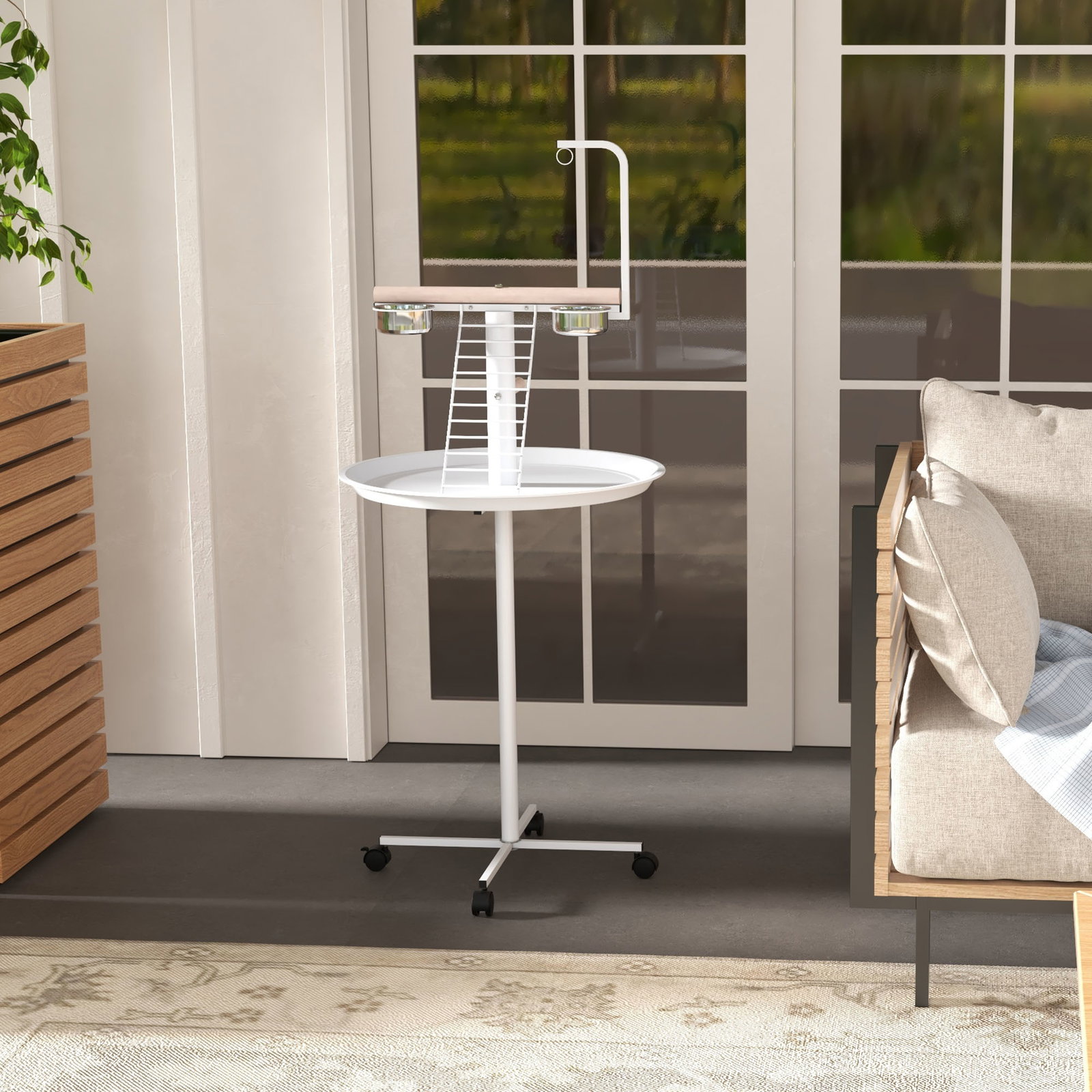 Comedouro para pássaros em pé ø60x138 cm com 4 rodas 2 recipientes de aço inoxidável e 2 poleiros branco