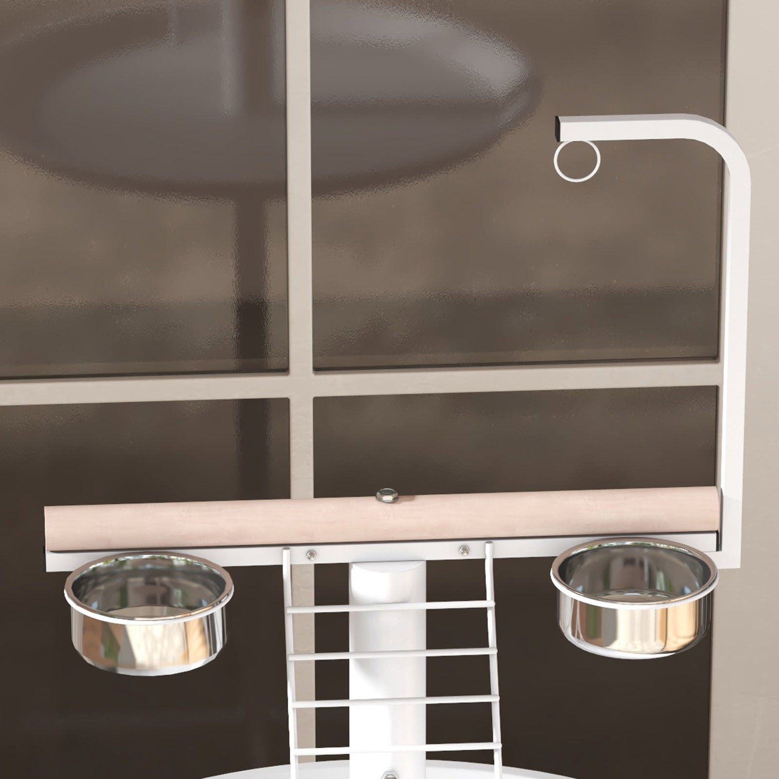 Comedouro para pássaros em pé ø60x138 cm com 4 rodas 2 recipientes de aço inoxidável e 2 poleiros branco