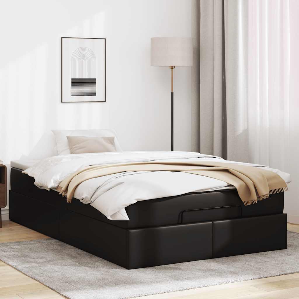 Estrutura de cama otomana com colchão preto couro falso