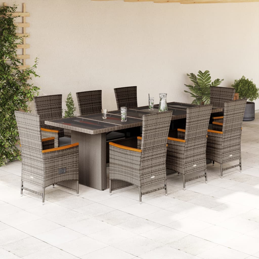 9 Pcs conjunto de jantar p/ jardim c/ almofadões vime PE cinza