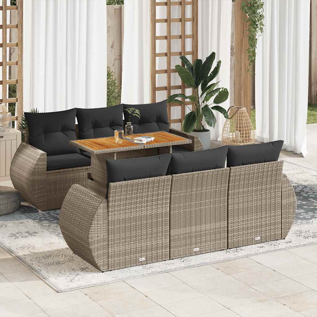 7 Pcs conjunto sofás p/ jardim c/ almofadões vime PE cinzento