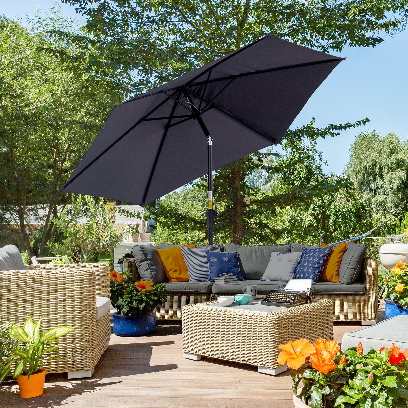 Chapéu de sol de jardim ø270x235cm chapéu de sol de alumínio reclinável com manivela e 6 hastes para terraço exterior balcão cinza
