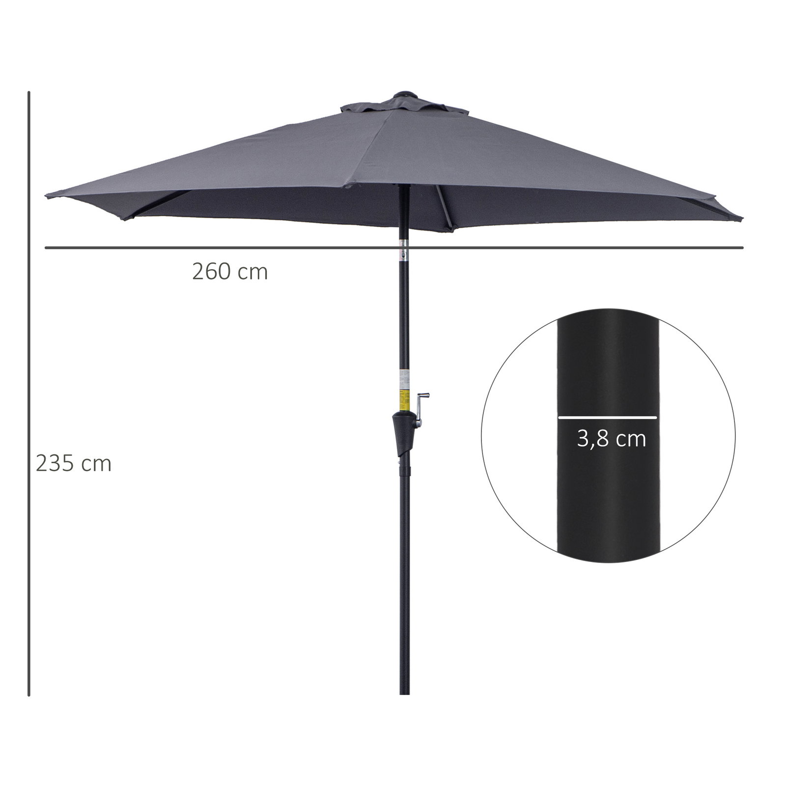 Chapéu de sol de jardim ø270x235cm chapéu de sol de alumínio reclinável com manivela e 6 hastes para terraço exterior balcão cinza