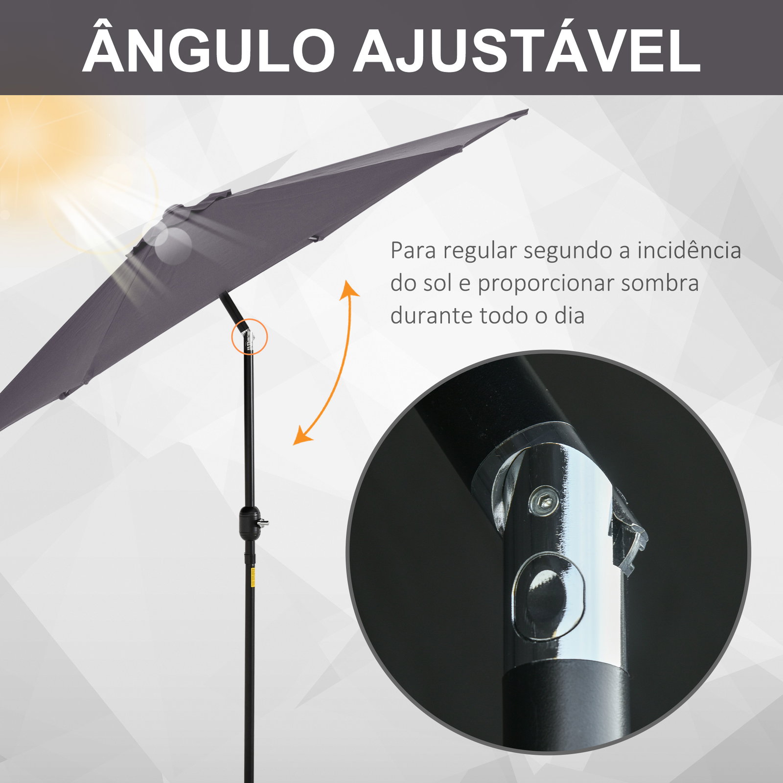 Chapéu de sol de jardim ø270x235cm chapéu de sol de alumínio reclinável com manivela e 6 hastes para terraço exterior balcão cinza