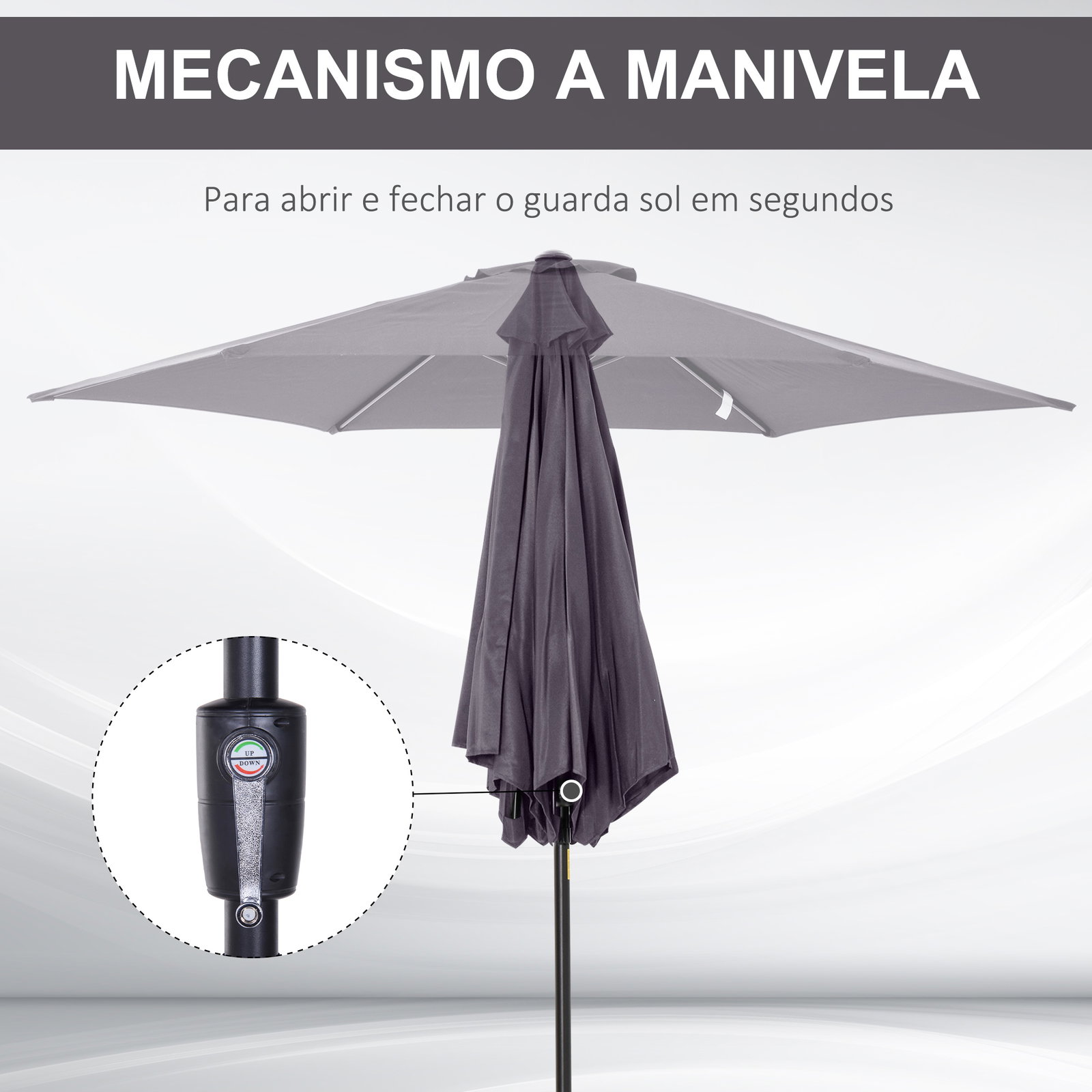 Chapéu de sol de jardim ø270x235cm chapéu de sol de alumínio reclinável com manivela e 6 hastes para terraço exterior balcão cinza