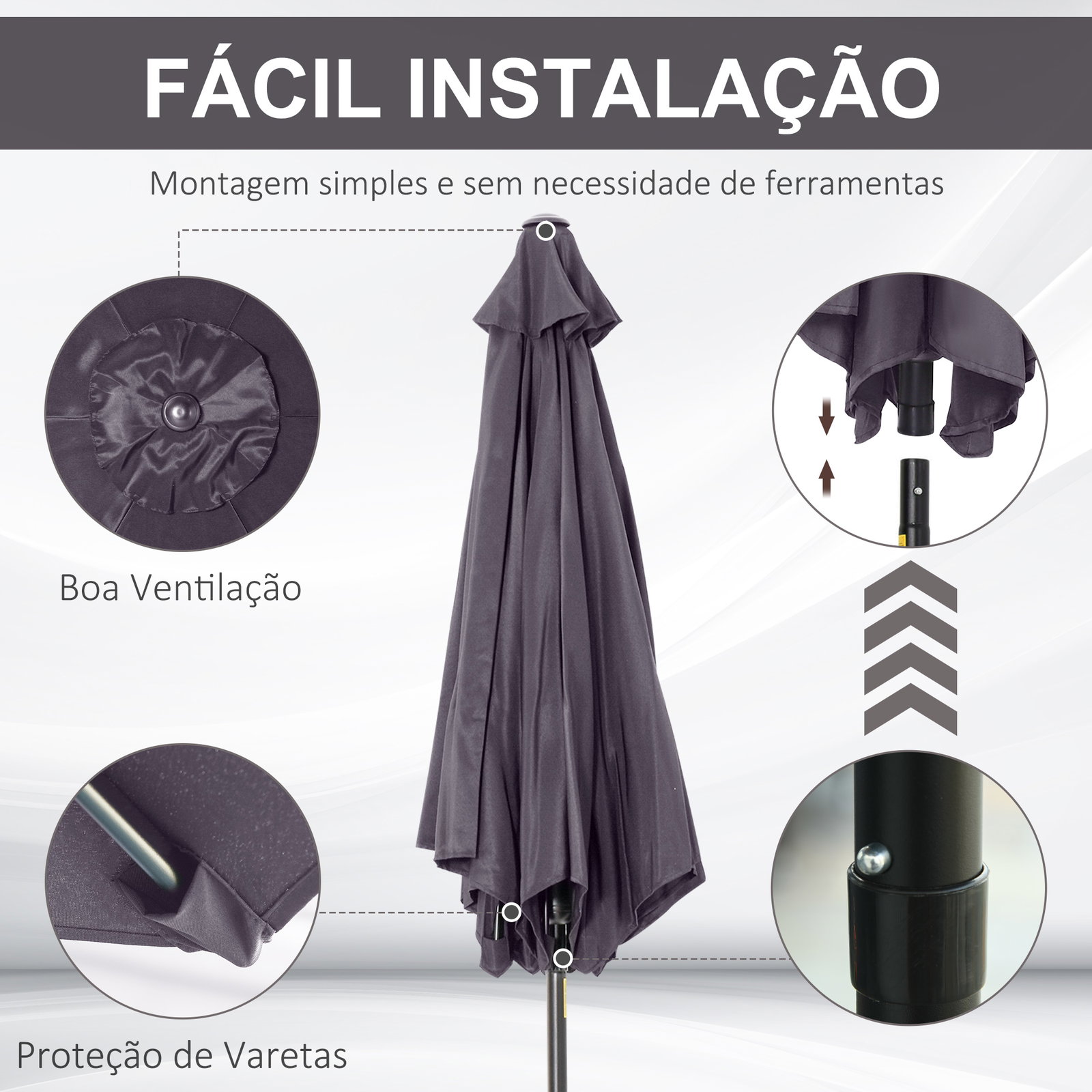 Chapéu de sol de jardim ø270x235cm chapéu de sol de alumínio reclinável com manivela e 6 hastes para terraço exterior balcão cinza