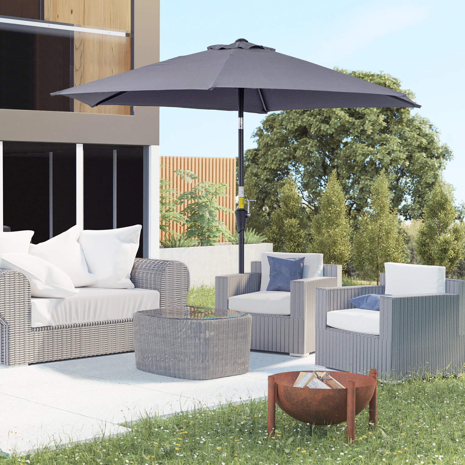 Chapéu de sol de jardim ø270x235cm chapéu de sol de alumínio reclinável com manivela e 6 hastes para terraço exterior balcão cinza