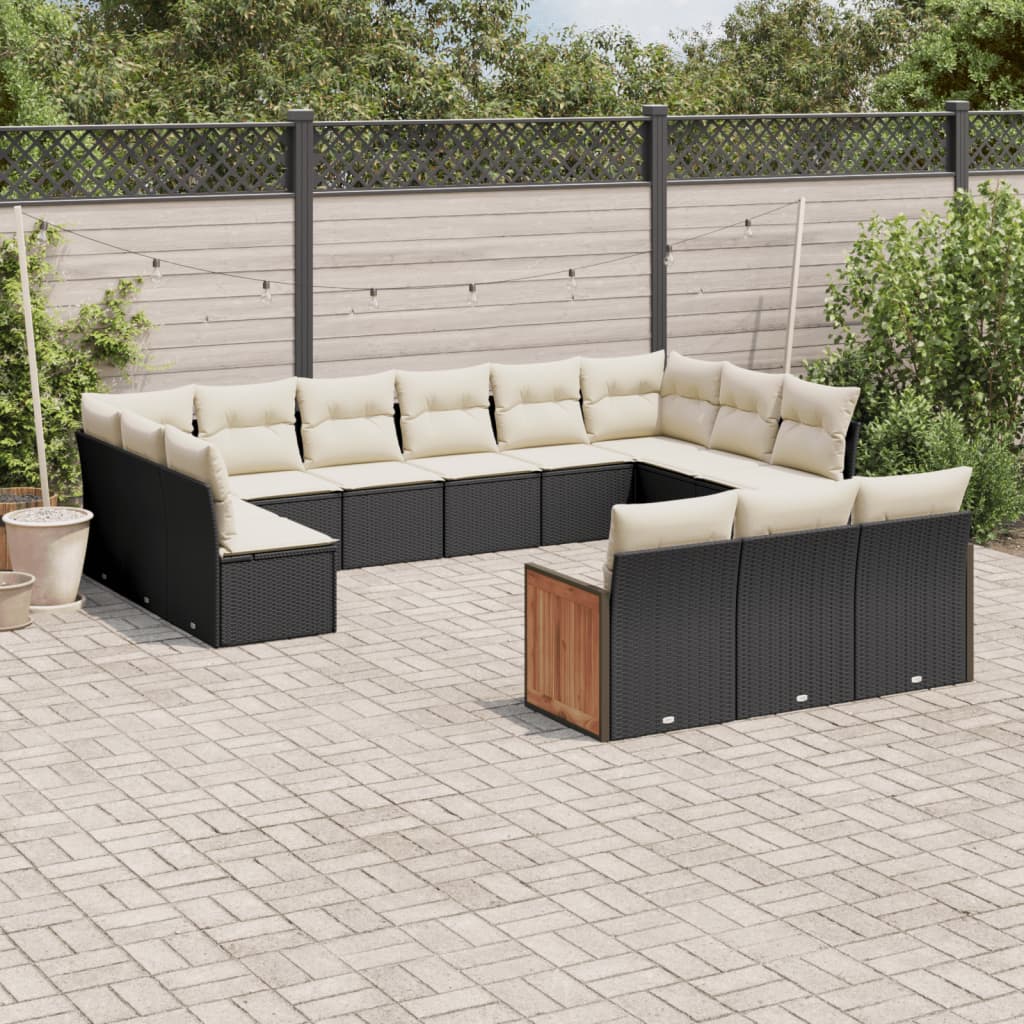13 Pcs conjunto de sofás de jardim com almofadões vime PE preto