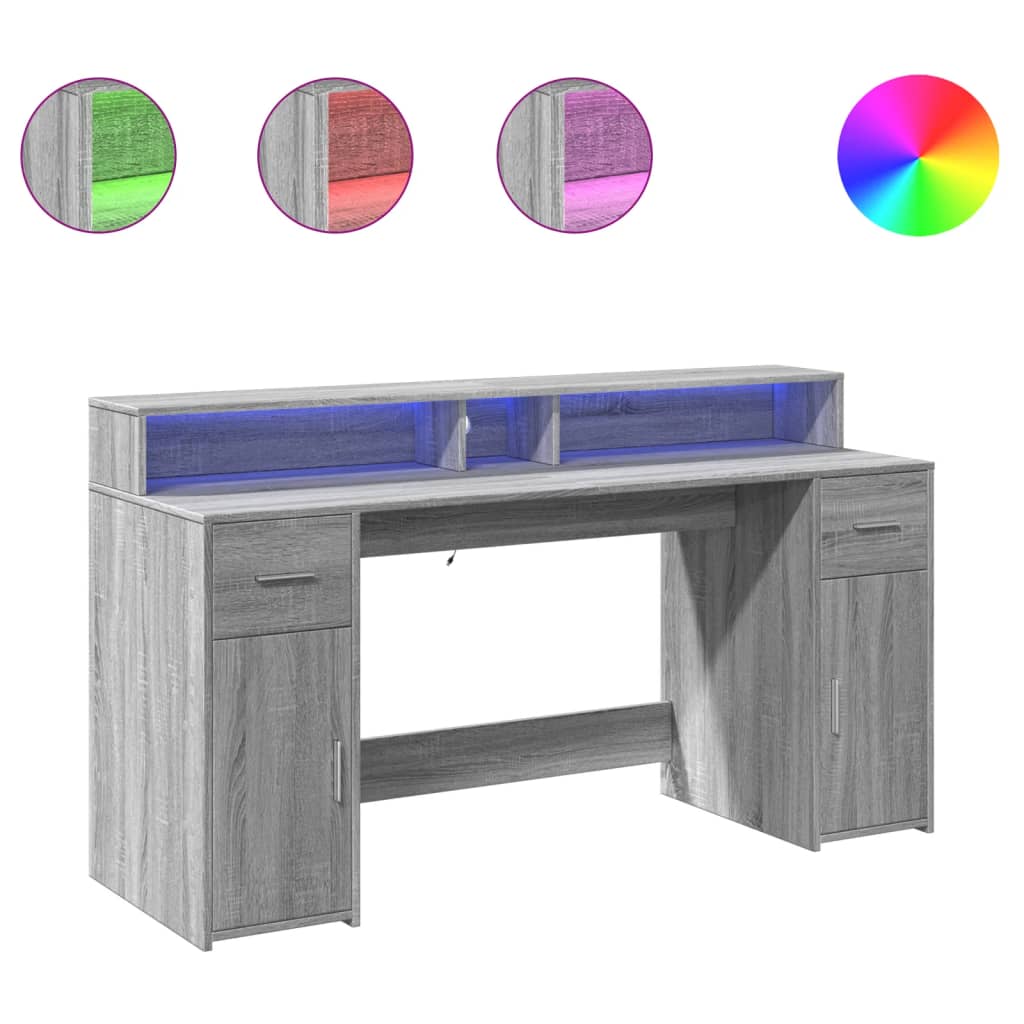 Secretária luzes LED 160x55x91cm deriv. madeira cinzento sonoma