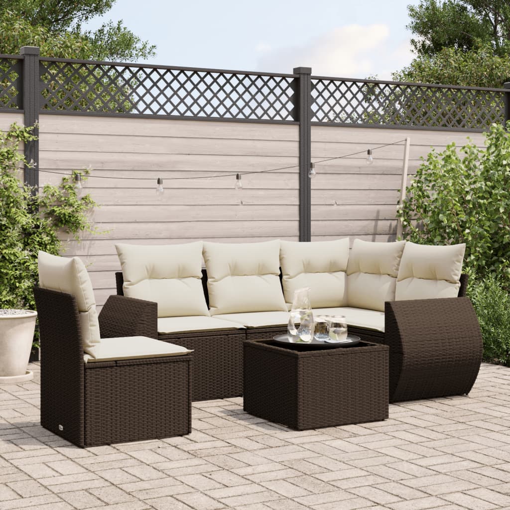 6 Pcs conjunto de sofás jardim c/ almofadões vime PE castanho