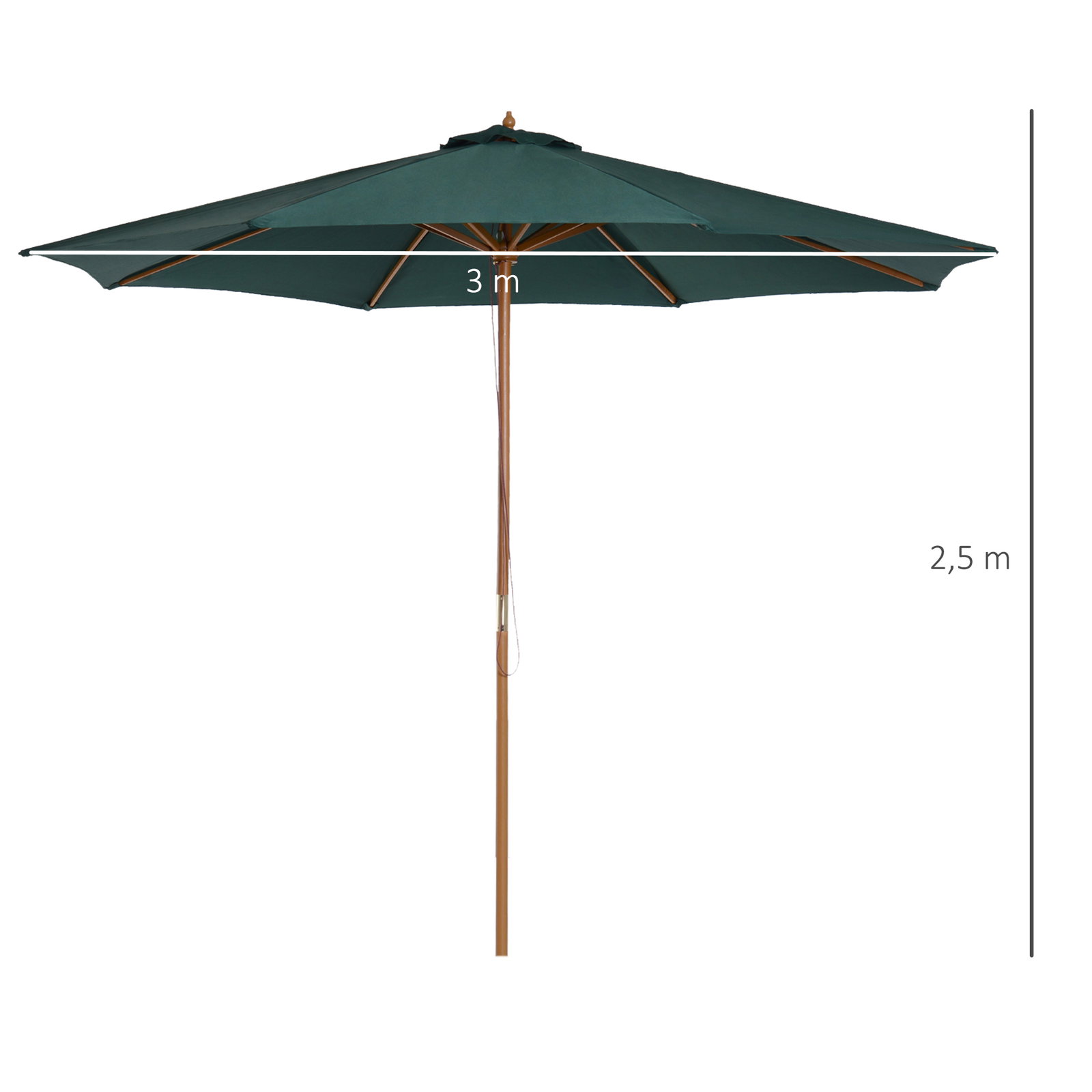 Chapéu de sol ø300x250cm chapéu de sol com mastro de madeira com 8 hastes sistema de polia com fixação verde