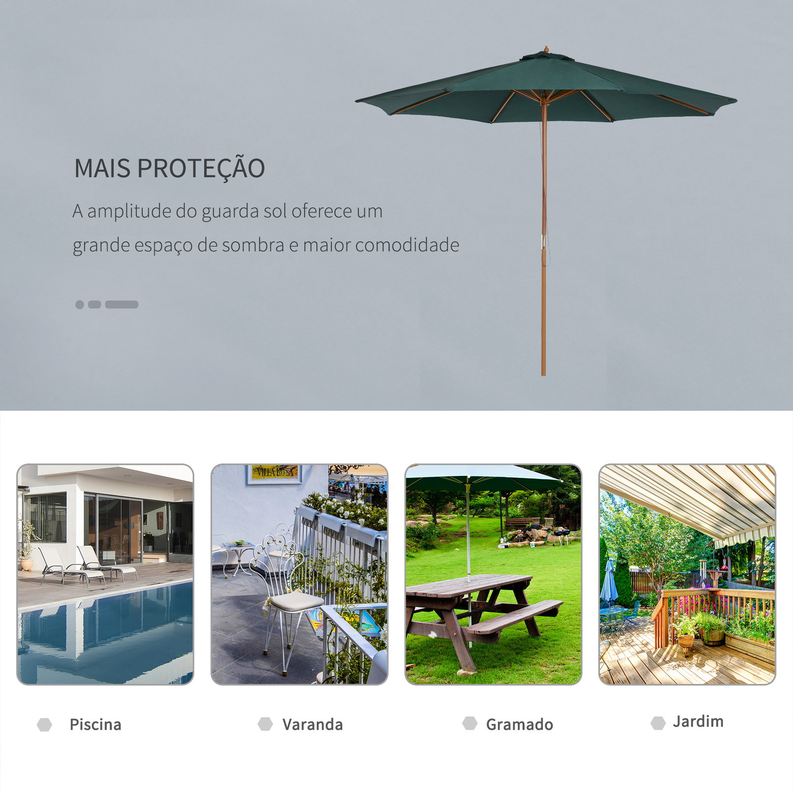 Chapéu de sol ø300x250cm chapéu de sol com mastro de madeira com 8 hastes sistema de polia com fixação verde