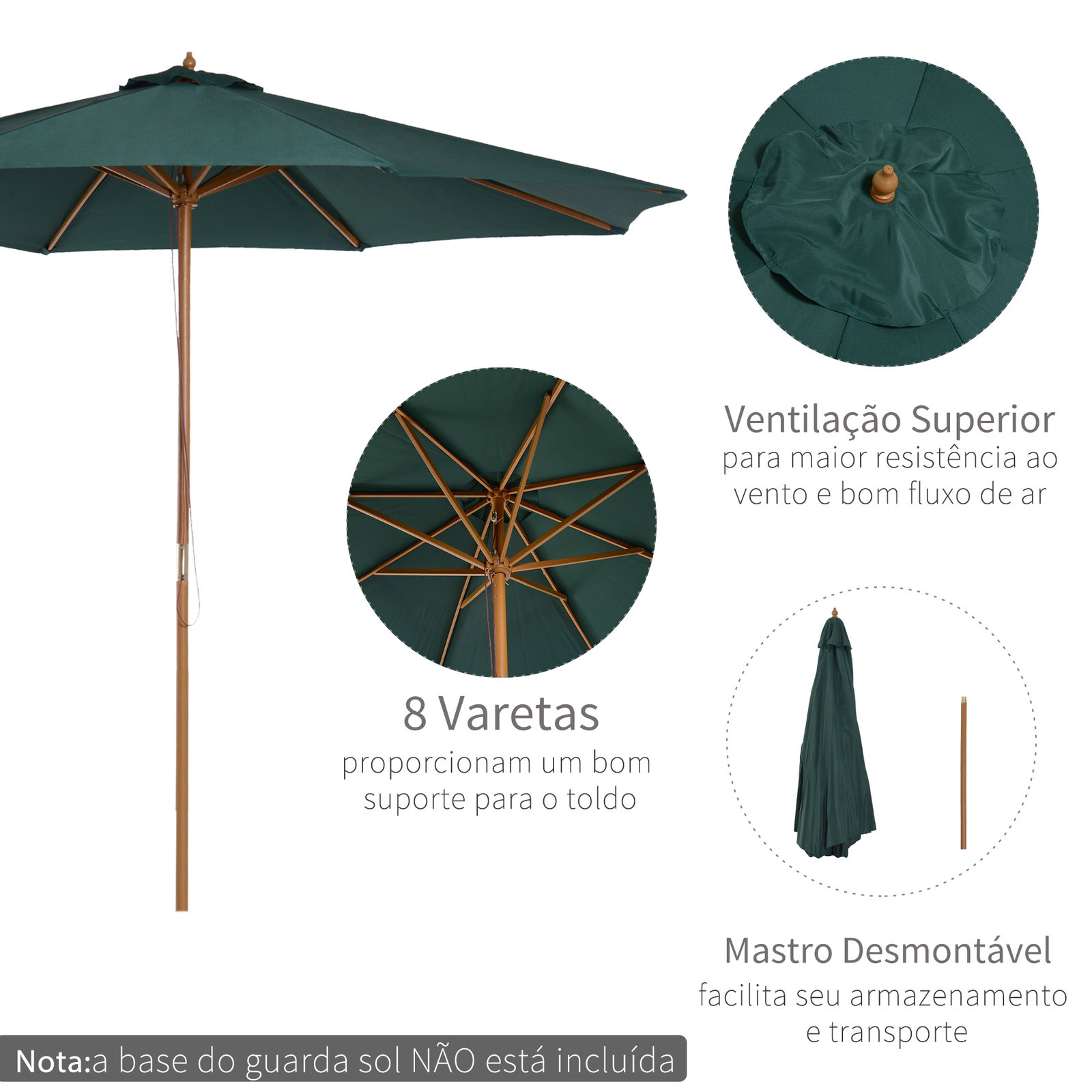 Chapéu de sol ø300x250cm chapéu de sol com mastro de madeira com 8 hastes sistema de polia com fixação verde
