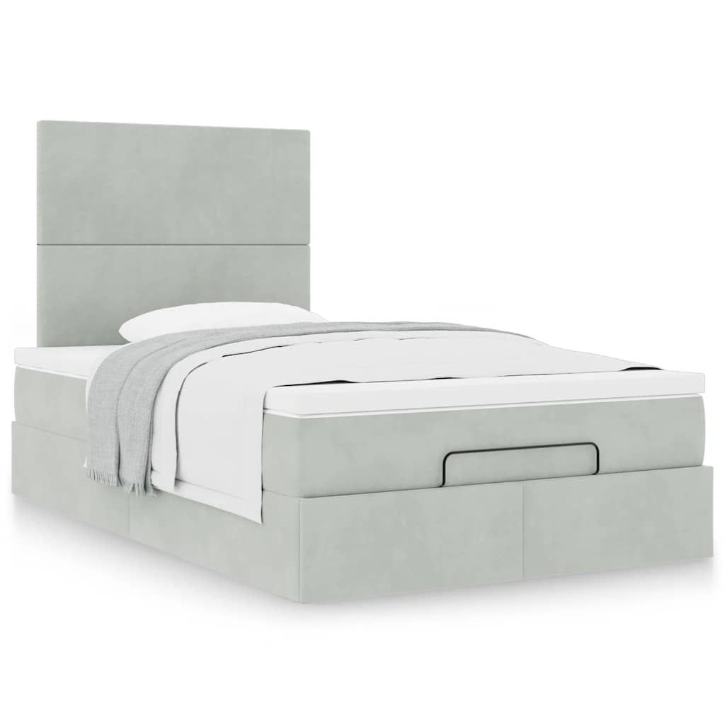 Estrutura de cama otomana com colchões cinza claro veludo