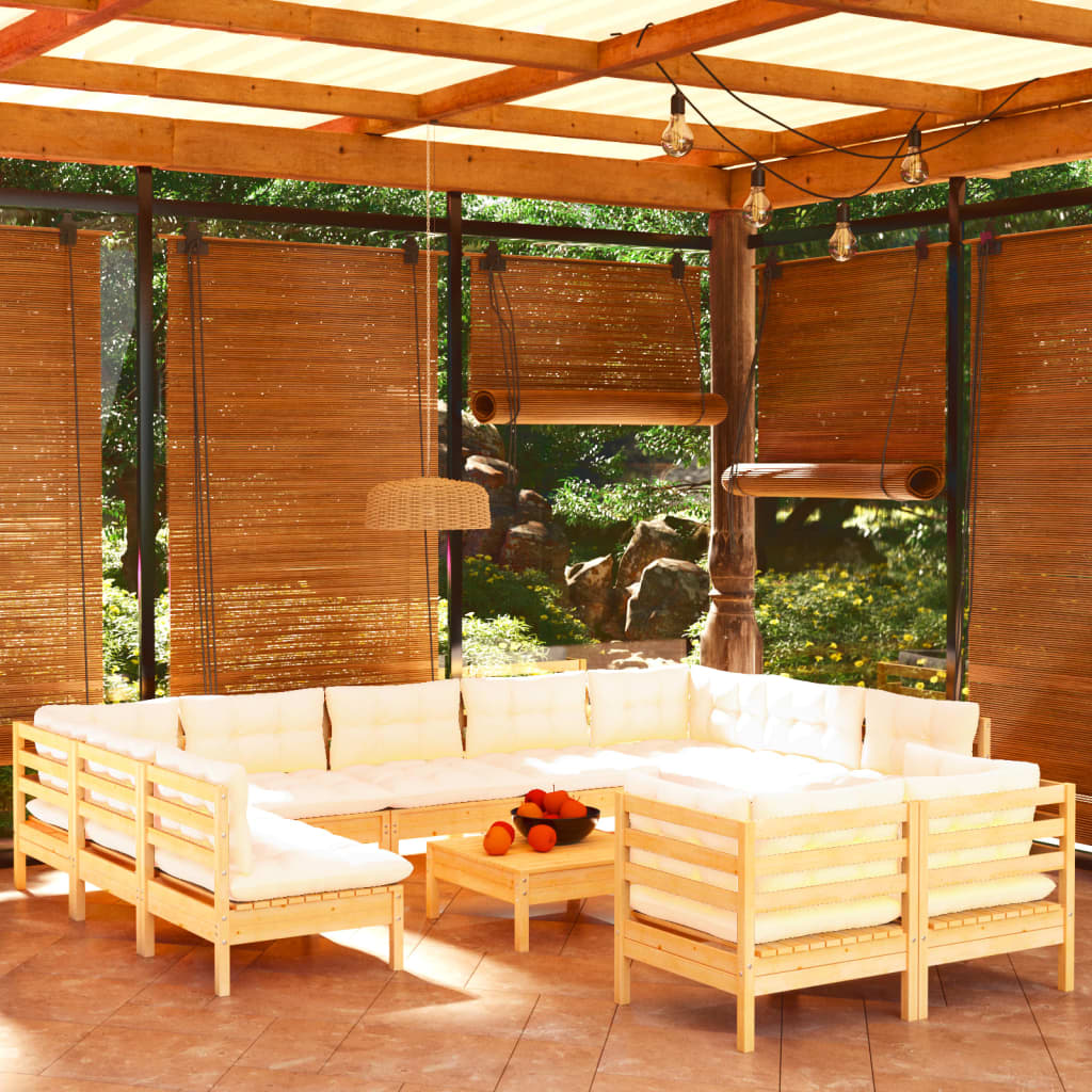 12 Pcs conjunto lounge jardim c/ almofadões creme pinho maciço
