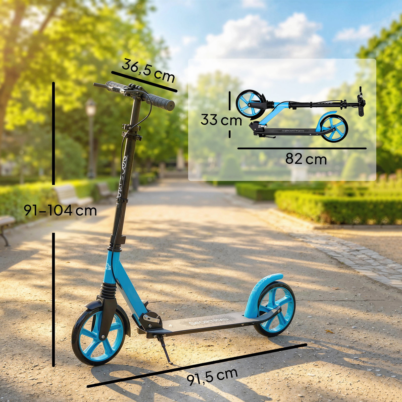 Trotinete dobrável com guiador ajustável, rodas grandes de 200 mm, amortecimento e travão, carga máxima de 100 kg, 91,5 x 36,5 x 91-104 cm, azul