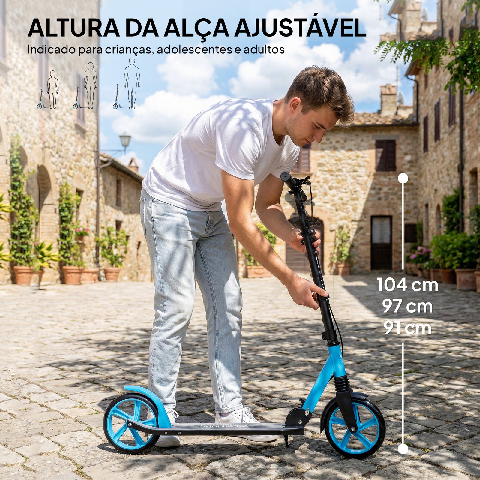 Trotinete dobrável com guiador ajustável, rodas grandes de 200 mm, amortecimento e travão, carga máxima de 100 kg, 91,5 x 36,5 x 91-104 cm, azul