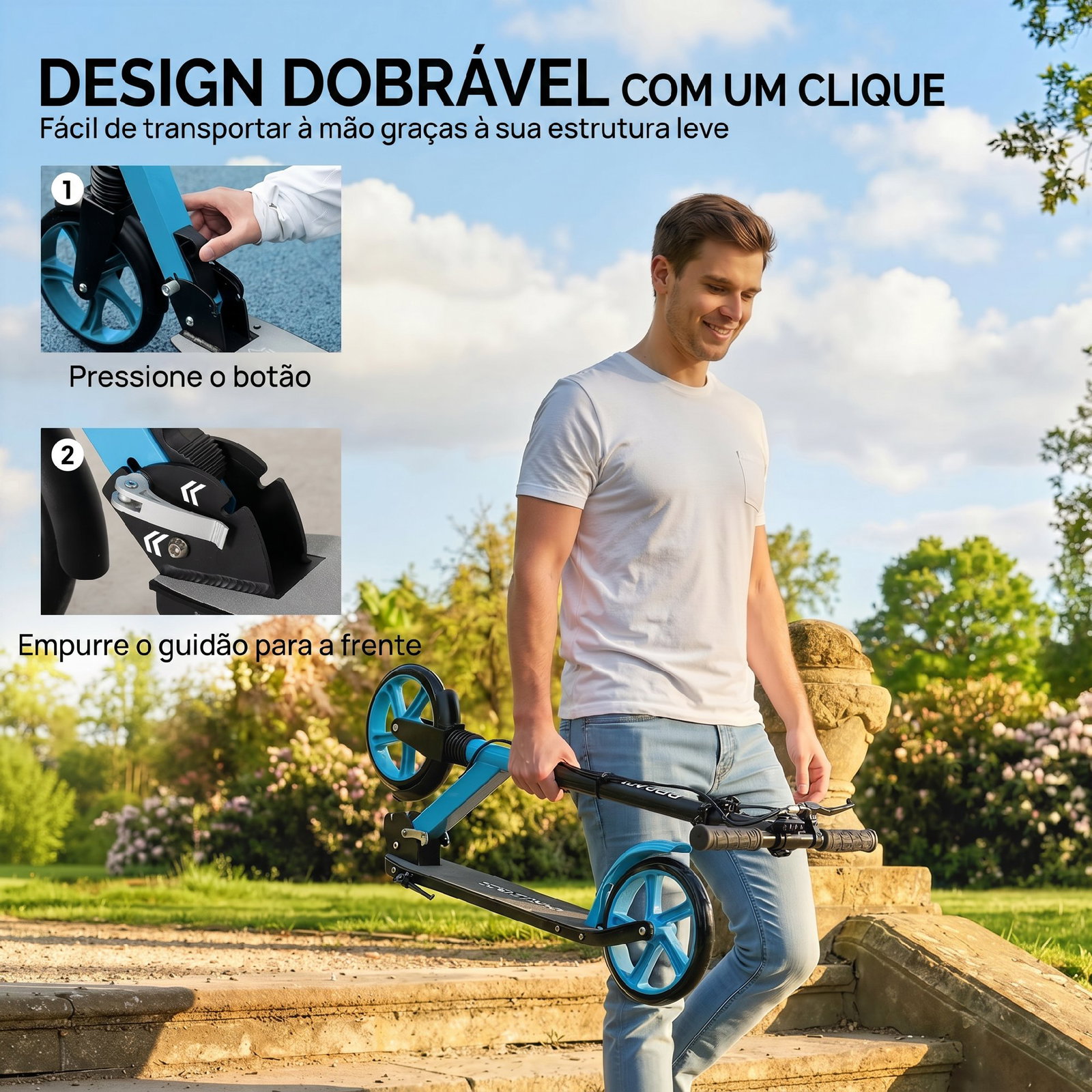 Trotinete dobrável com guiador ajustável, rodas grandes de 200 mm, amortecimento e travão, carga máxima de 100 kg, 91,5 x 36,5 x 91-104 cm, azul