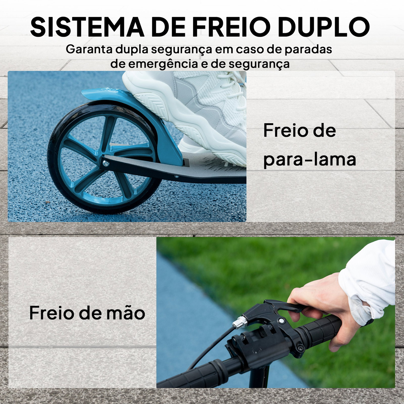 Trotinete dobrável com guiador ajustável, rodas grandes de 200 mm, amortecimento e travão, carga máxima de 100 kg, 91,5 x 36,5 x 91-104 cm, azul