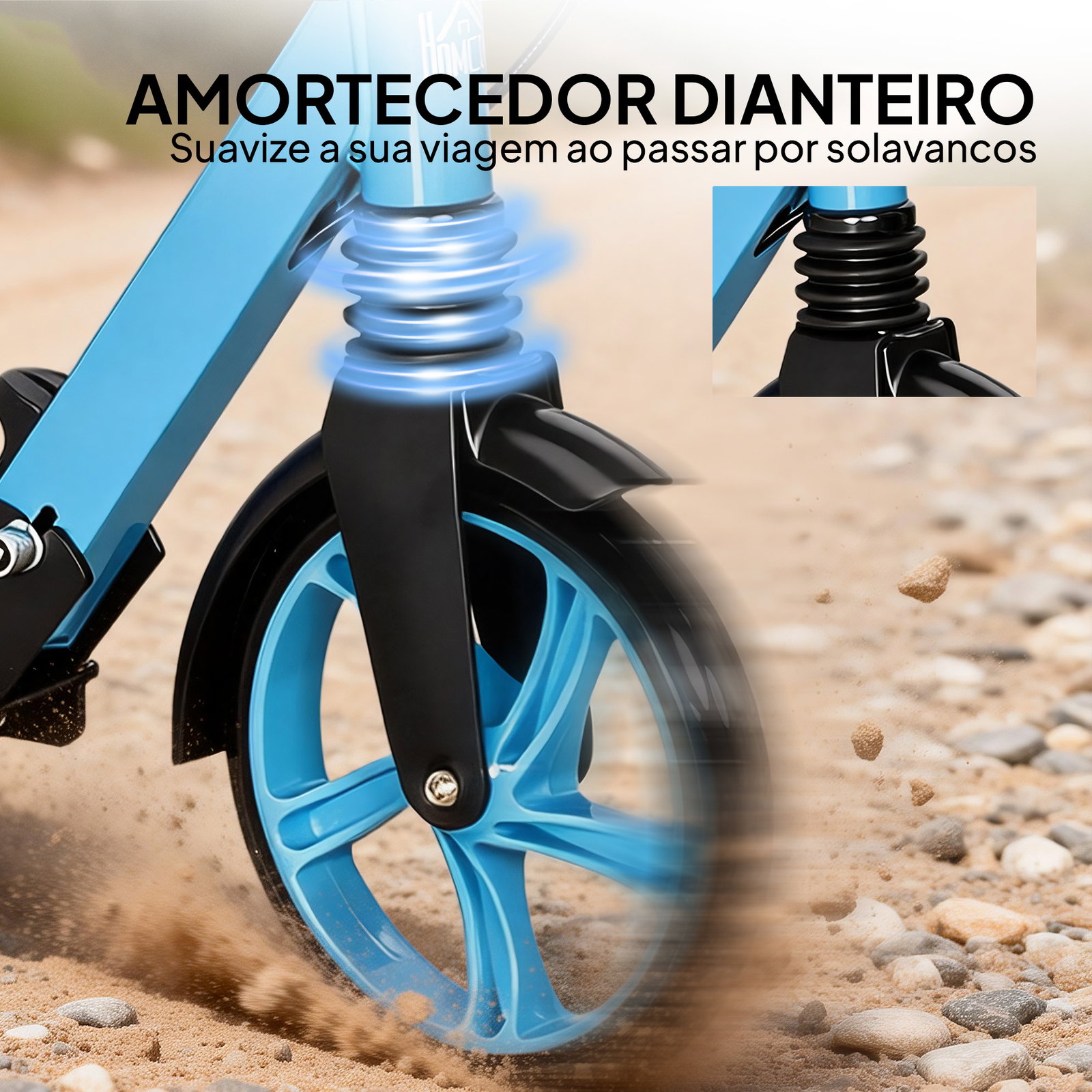 Trotinete dobrável com guiador ajustável, rodas grandes de 200 mm, amortecimento e travão, carga máxima de 100 kg, 91,5 x 36,5 x 91-104 cm, azul