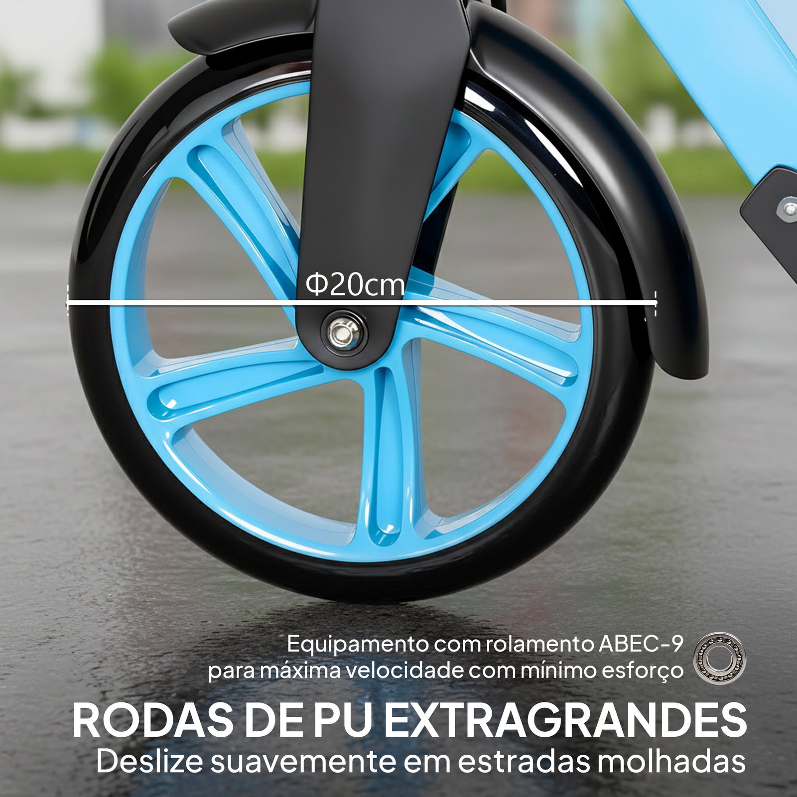 Trotinete dobrável com guiador ajustável, rodas grandes de 200 mm, amortecimento e travão, carga máxima de 100 kg, 91,5 x 36,5 x 91-104 cm, azul