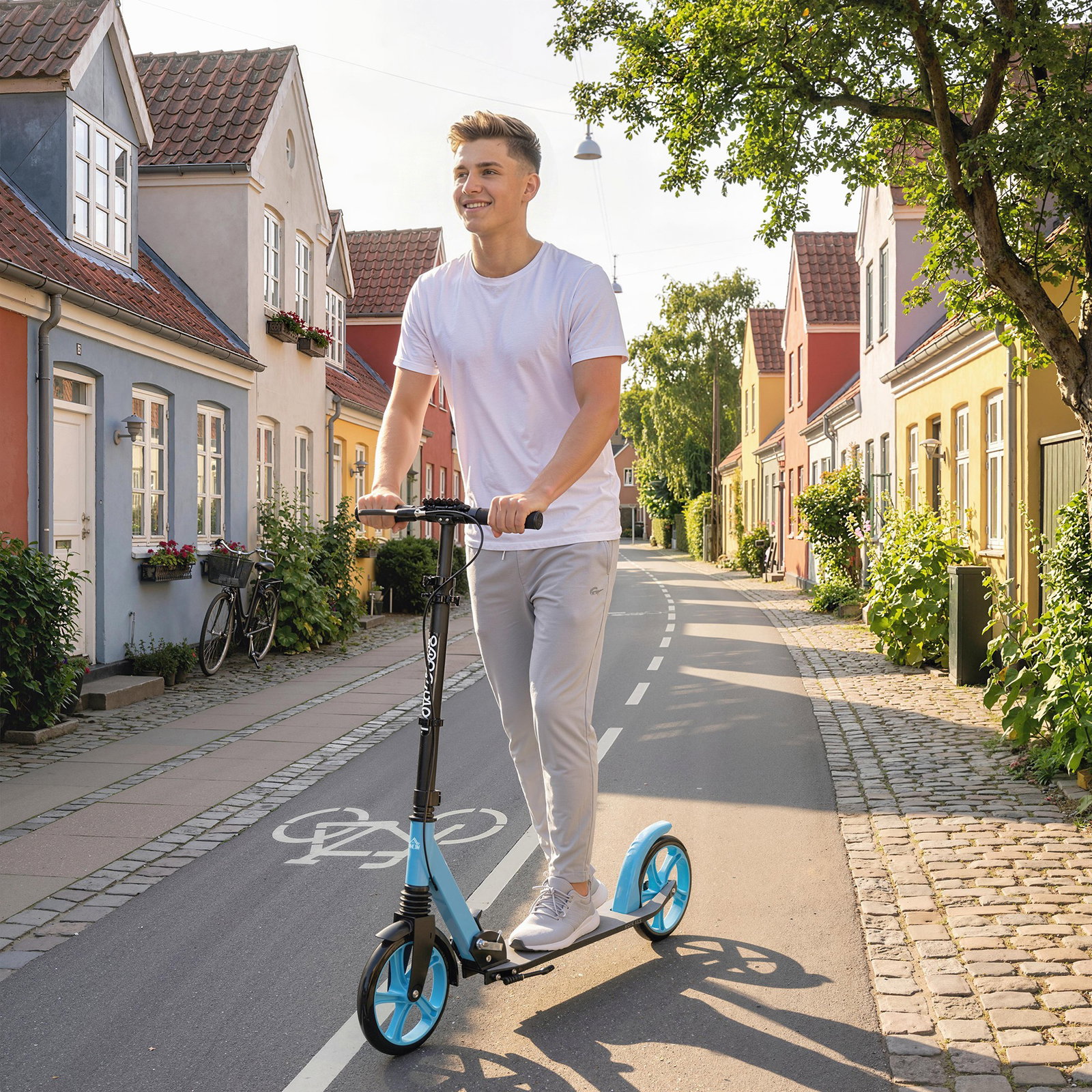 Trotinete dobrável com guiador ajustável, rodas grandes de 200 mm, amortecimento e travão, carga máxima de 100 kg, 91,5 x 36,5 x 91-104 cm, azul