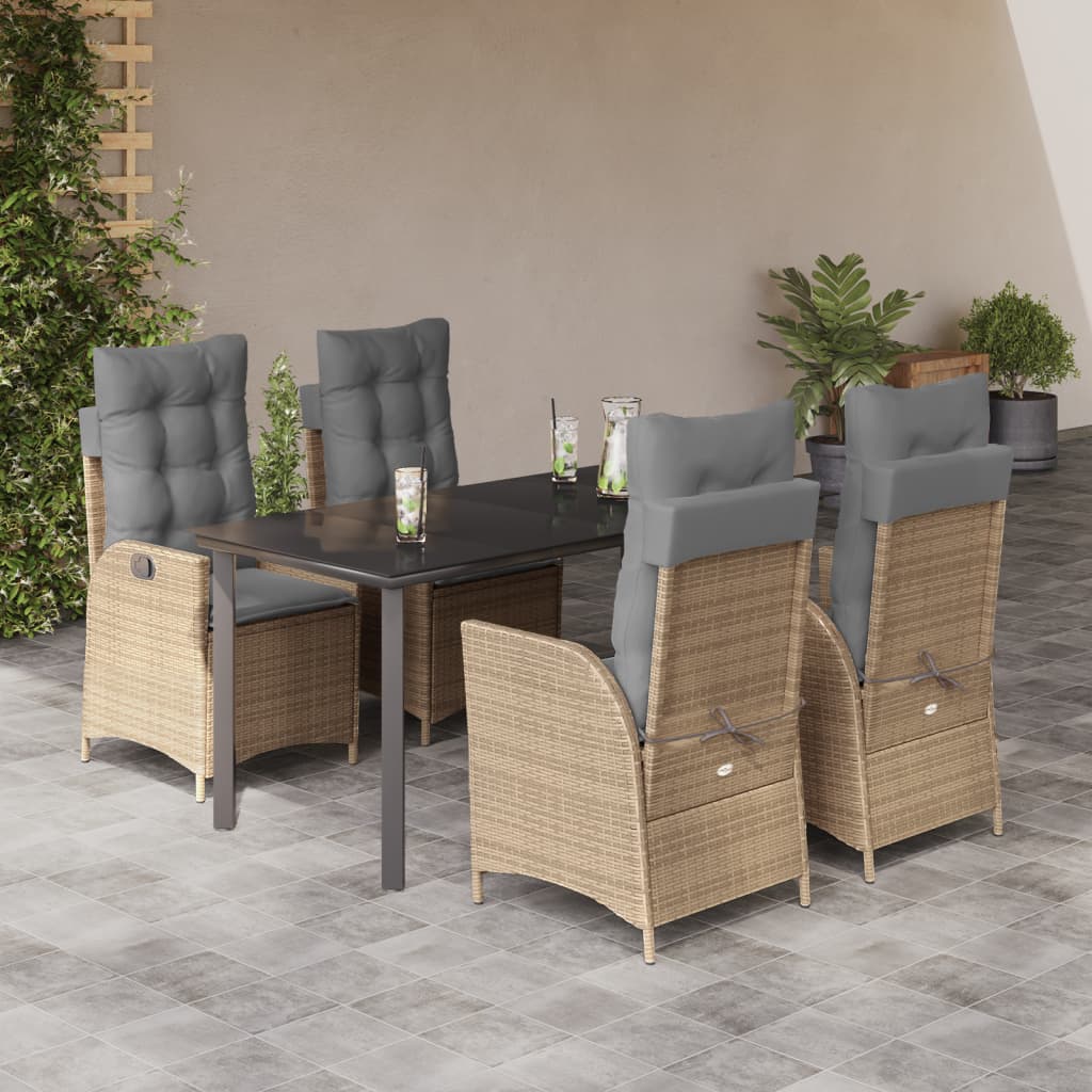 5 Pcs conjunto de jantar p/ jardim com almofadões vime PE bege