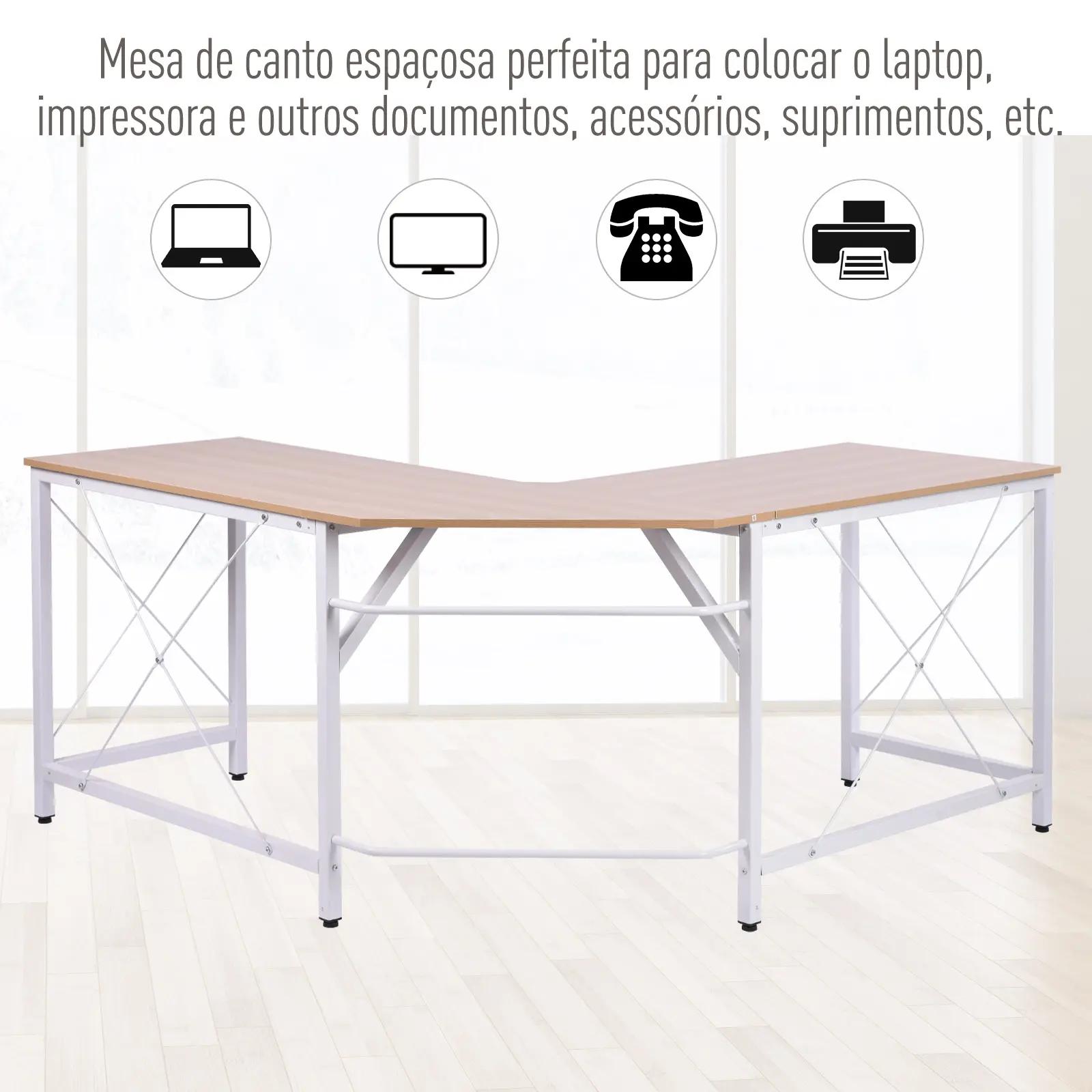 Secretária em forma de l secretária para escritório com estrutura de metal secretária de canto 150x150x76 cm branco e madeira