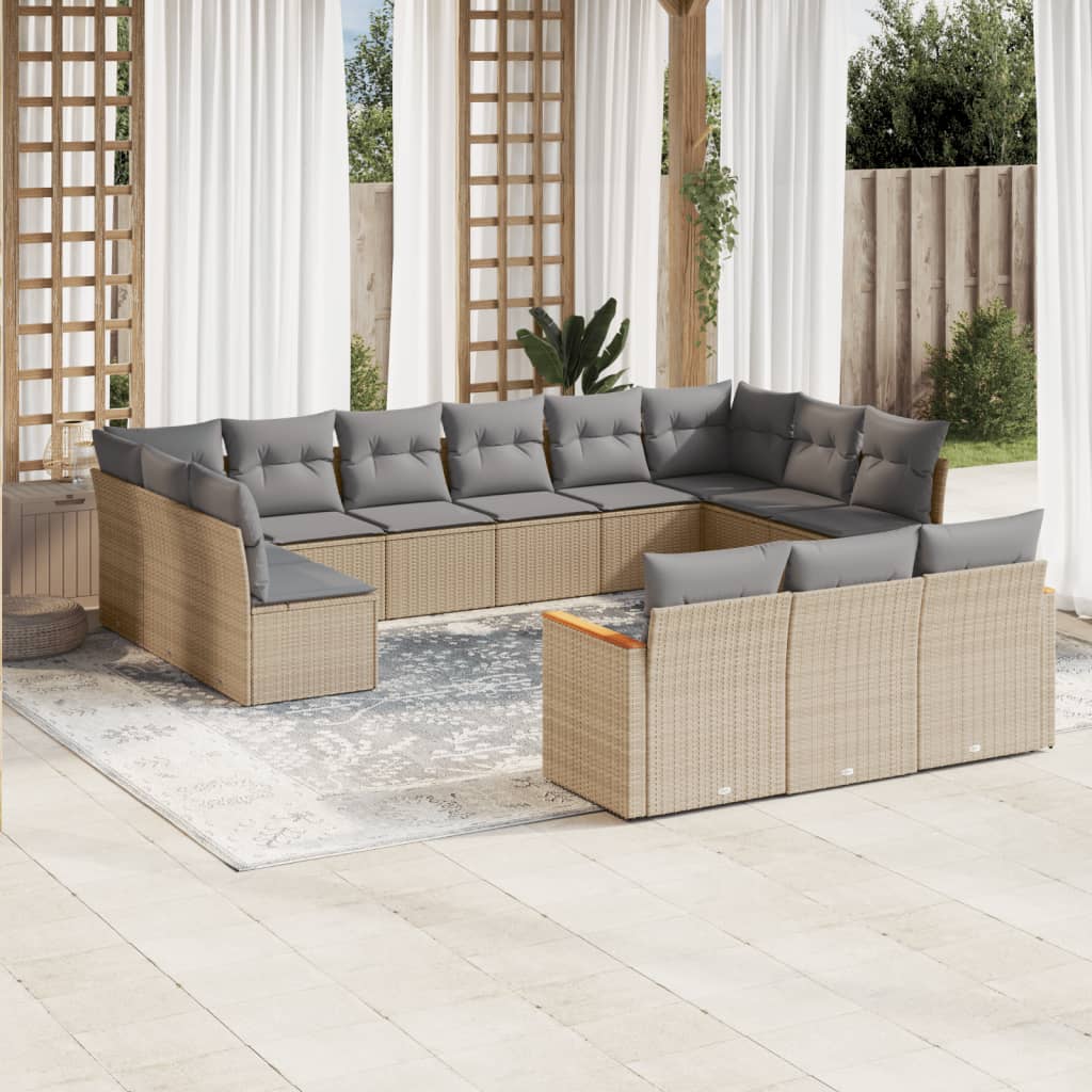 13 Pcs conjunto de sofás p/ jardim com almofadões vime PE bege
