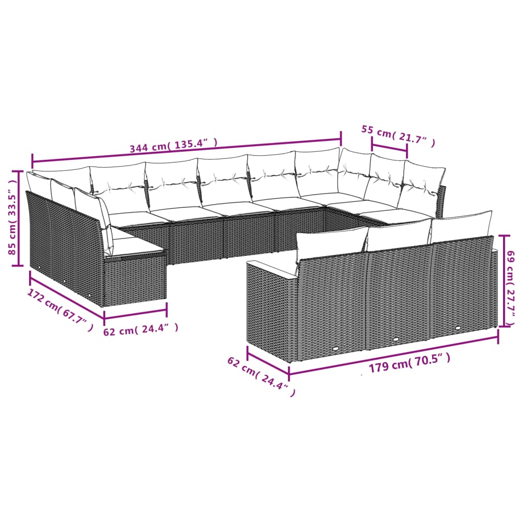 13 Pcs conjunto de sofás p/ jardim com almofadões vime PE bege