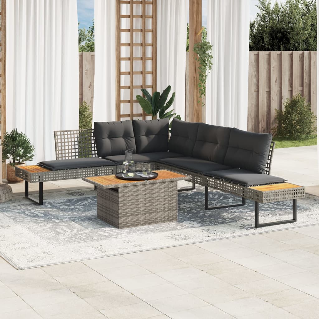 2 Pcs conj. sofás de jardim c/ almofadões vime PE/acácia cinza