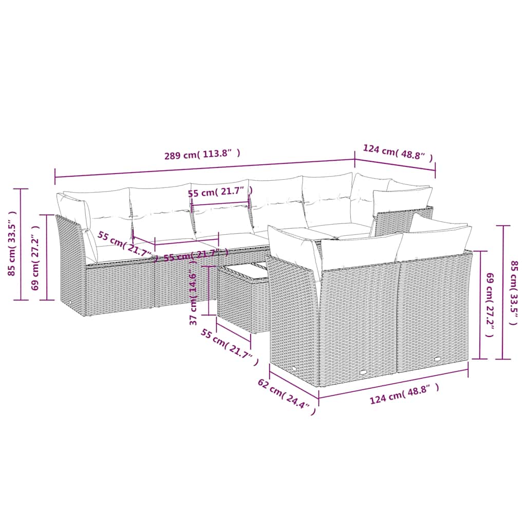 9 Pcs conjunto de sofás p/ jardim c/ almofadões vime PE preto
