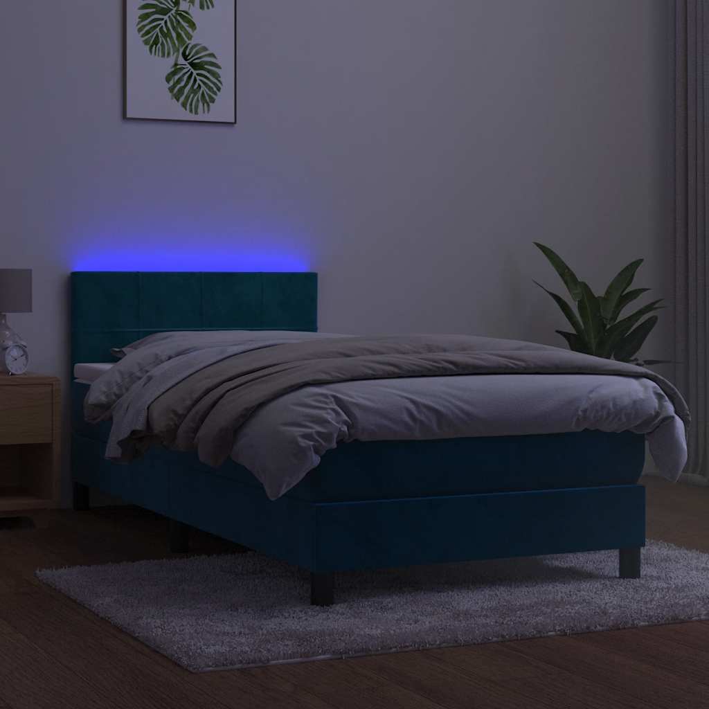 Cama box spring c/ colchão/LED 80x200 cm veludo azul-escuro