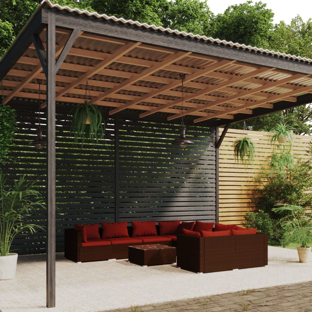 9 Pcs conjunto lounge de jardim c/ almofadões vime PE castanho