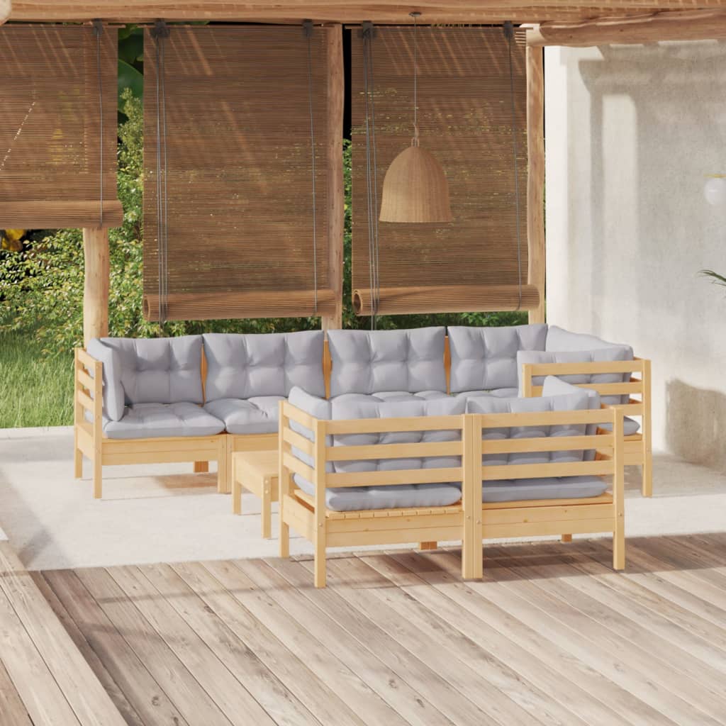 8 Pcs conjunto lounge de jardim + almofadões cinza pinho maciço